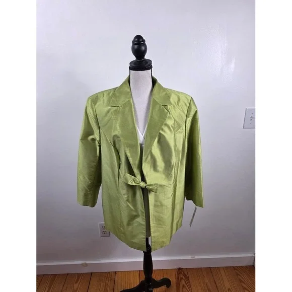 Kate Hill Blazer Women 20W Green 100% Silk Bow Front Jacket NWT Luxury Plus Size - Picture 1 of 9